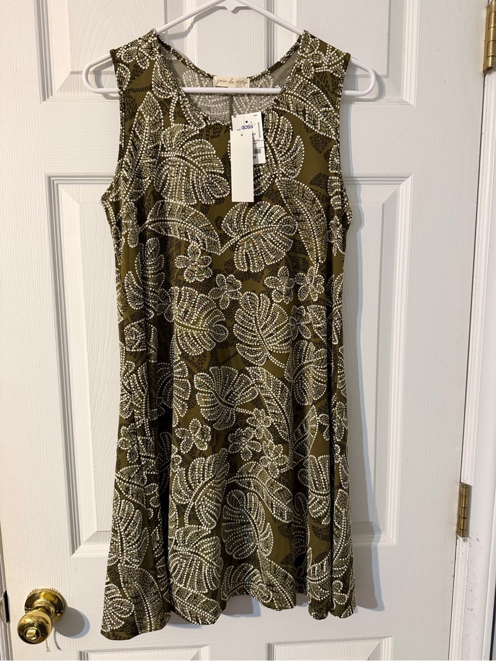 NWT Women’s Olive Green Leaf Print Sleeveless Dress Joie De Vivre Sz Small